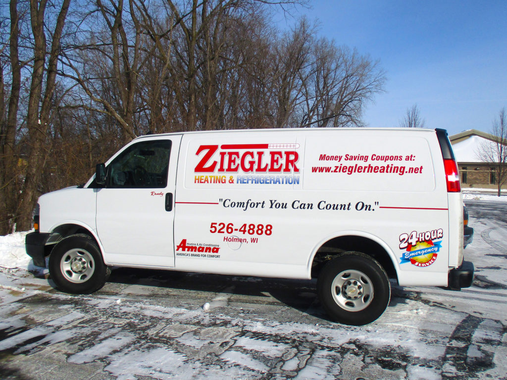 Partial wrap graphics on driver side of van for Ziegler Heating & Refrigeration